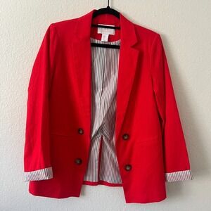 Halston Sz S Red Linen Blend Double Breasted Striped Lined Blazer Office Preppy